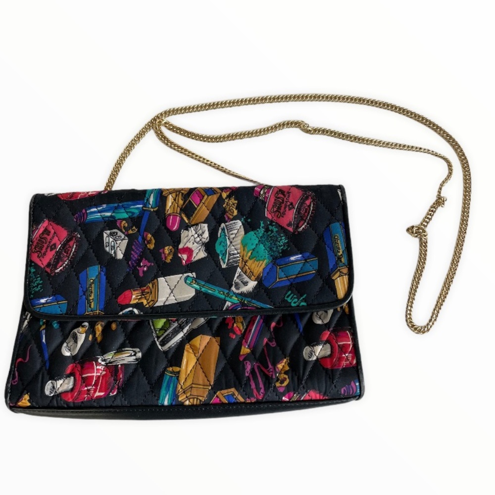 Vintage Nicole Miller Quilted Gold Chain Strap Bag Lipstick Cosmetics Makeup